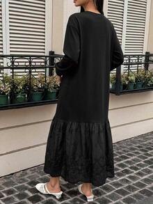 Dazy Maternity 拼色拼接小圓領休閒寬鬆短袖長款孕婦洋裝，適合春夏 - 黑色 - 查看 2