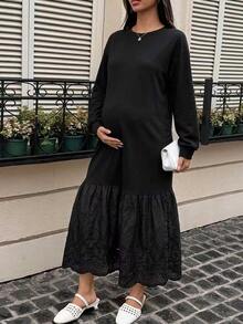 Dazy Maternity 拼色拼接小圓領休閒寬鬆短袖長款孕婦洋裝，適合春夏 - 黑色 - 查看 6