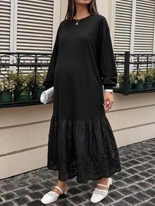 Dazy Maternity 拼色拼接小圓領休閒寬鬆短袖長款孕婦洋裝，適合春夏 - 黑色 - 查看 4