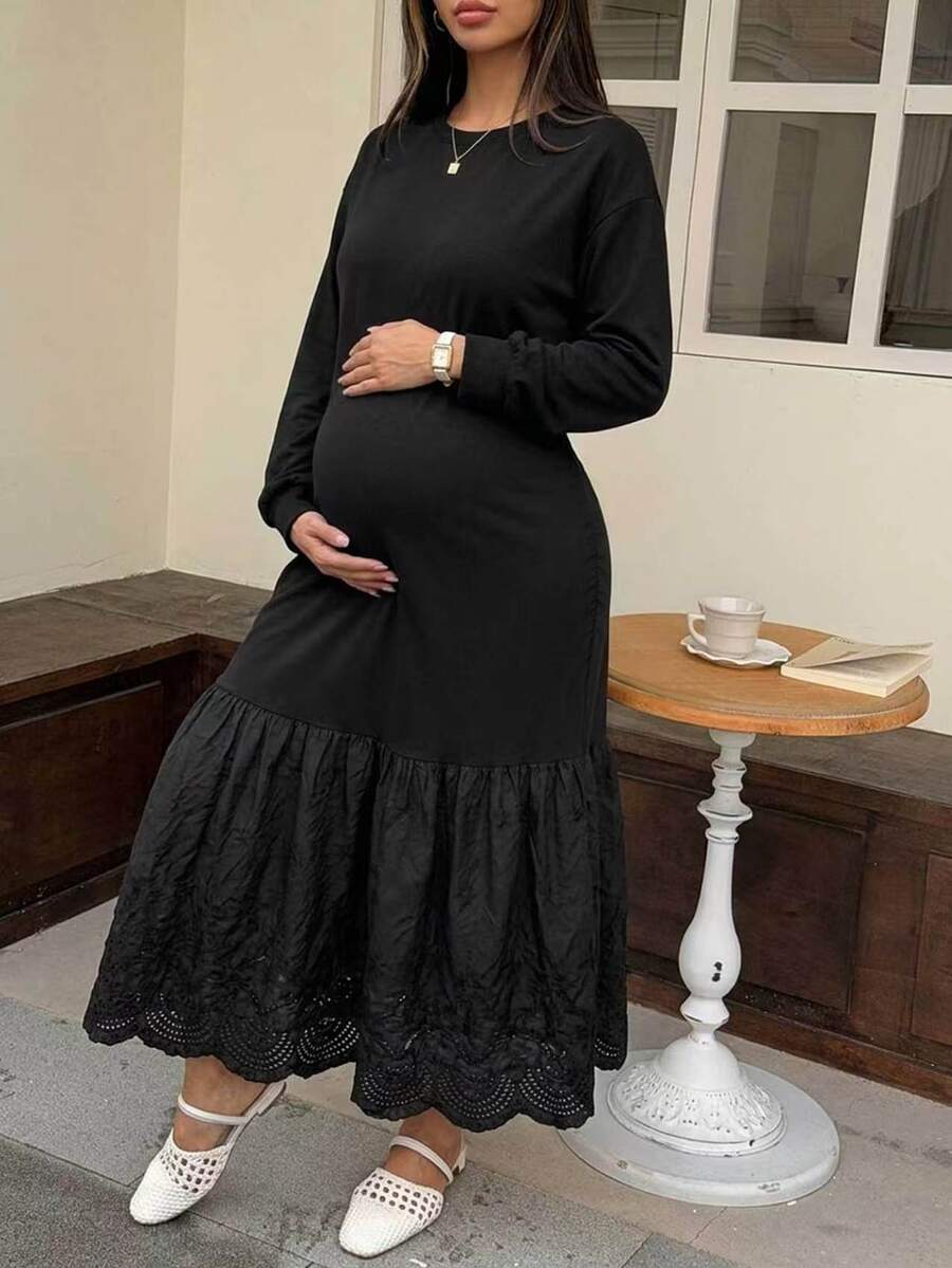 Dazy Maternity 拼色拼接小圓領休閒寬鬆短袖長款孕婦洋裝,適合春夏 - 黑色 - 查看 1