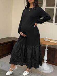 Dazy Maternity 拼色拼接小圓領休閒寬鬆短袖長款孕婦洋裝，適合春夏 - 黑色 - 查看 3
