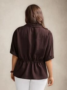 Comfylo Plus Size Women Drawstring Waist Loose Summer Holiday Casual Beach Summer Holiday Button Down Shirt - Coffee Brown - View 2