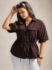Comfylo Plus Size Women Drawstring Waist Loose Summer Holiday Casual Beach Summer Holiday Button Down Shirt - Coffee Brown - View 4