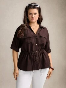 Comfylo Plus Size Women Drawstring Waist Loose Summer Holiday Casual Beach Summer Holiday Button Down Shirt - Coffee Brown - View 5