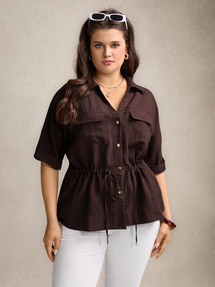 Comfylo Plus Size Women Drawstring Waist Loose Summer Holiday Casual Beach Summer Holiday Button Down Shirt - Coffee Brown - View 5