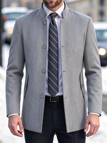 Manfinity Mode Men's Stand Collar Mid-Length Wool Coat Grey Single-Breasted Casual Jacket, Autumn/Winter British Business Casual Commute Wool - Grey - View 6