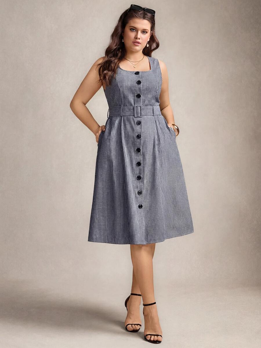 Comfylo Plus Size Women Striped Square Neck Single-Breasted Sleeveless Midi Dress Valentine's Day Vacation Outfits Button - Navy Blue - View 1
