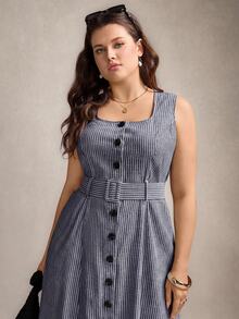 Comfylo Plus Size Women Striped Square Neck Single-Breasted Sleeveless Midi Dress Valentine's Day Vacation Outfits Button - Navy Blue - View 3
