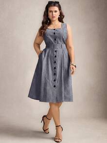 Comfylo Plus Size Women Striped Square Neck Single-Breasted Sleeveless Midi Dress Valentine's Day Vacation Outfits Button - Navy Blue - View 6