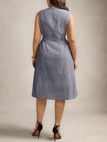Comfylo Plus Size Women Striped Square Neck Single-Breasted Sleeveless Midi Dress Valentine's Day Vacation Outfits Button - Navy Blue - View 2