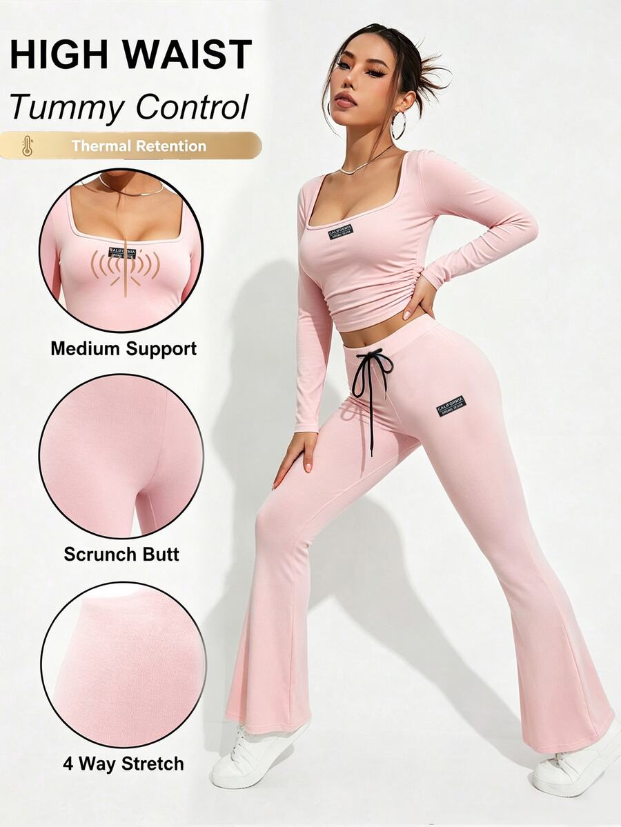 Easithlete Women's Autumn Clothing Fitness Wear Casual Sports Suit Highly Elastic Yoga Two Pieces Set Daily Long Sleeve T-Shirt And Flared Pants