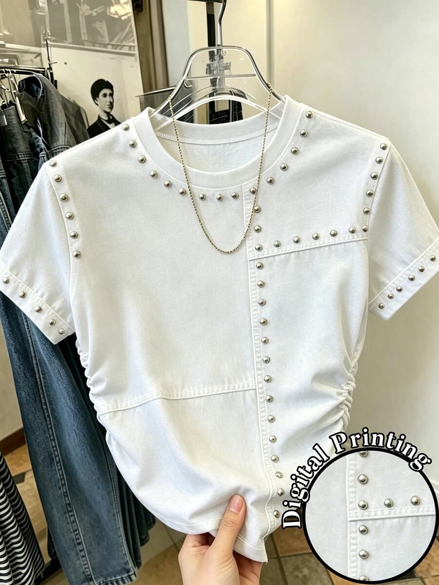 Resyla Women's Summer Casual Short Sleeve Ruched T-Shirt Day Time Holiday All White - Multicolor - View 1