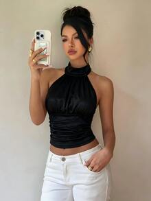 SHEIN Franclia Women's Spring/Autumn Satin Sleeveless Top, Fitted Slimming Base Layer, Sexy Pleated And Waist-Cinching Design, Suitable For Daily Wear, Outings And Parties - Multicolor - View 7