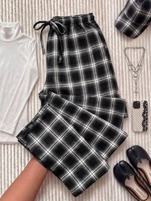 Comfortcana 女款大尺碼彈性腰格紋寬鬆黑色休閒長褲 秋季 - 藏蓝色 - 查看 3