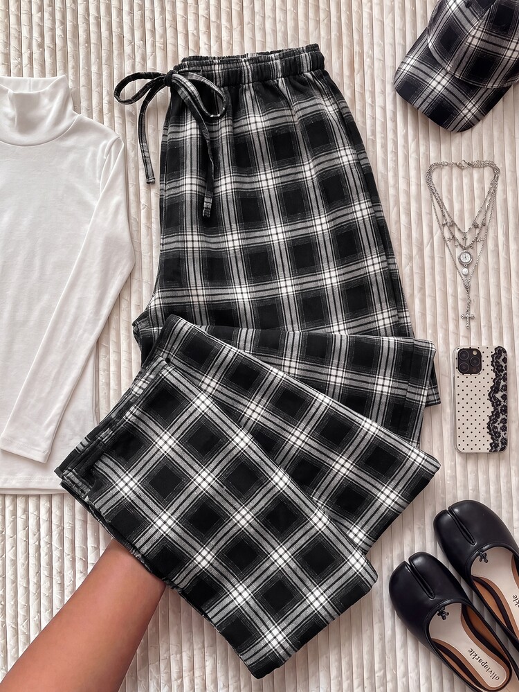 Comfortcana Women Plus Size Elastic Waist Plaid Loose Black Casual Pants Fall - Navy Blue - View 3