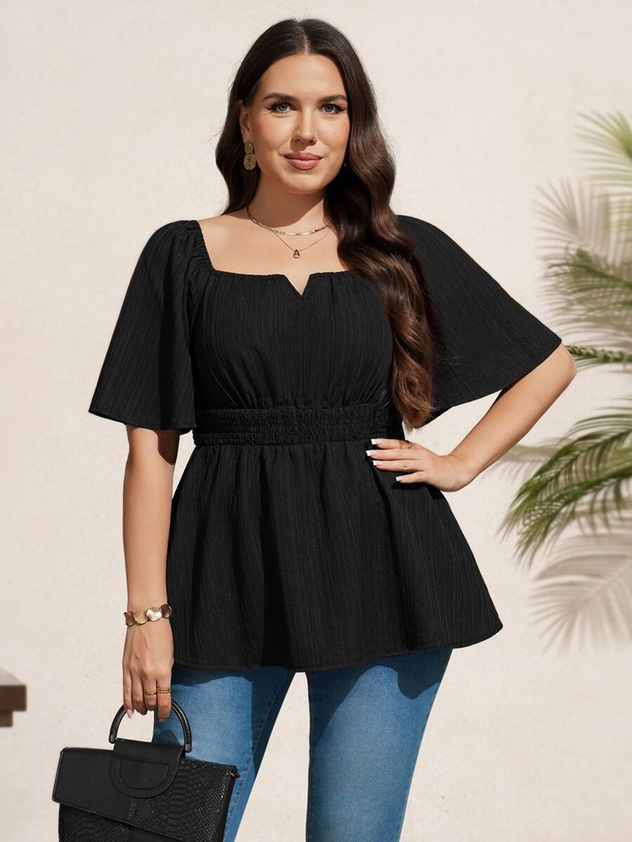 Comfylo Plus Size Women's Solid Color Pleated Casual Elegant Versatile Daily Wear Shirt Brunch Going Out Black Summer - Black - View 1