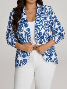 Comfylo Plus Size Blue And White Printed Cuff Ruched Blazer Fall For Women - Blue and White - View 5