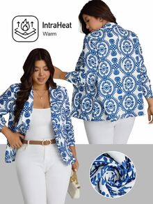 Comfylo Plus Size Blue And White Printed Cuff Ruched Blazer Fall For Women - Blue and White - View 6