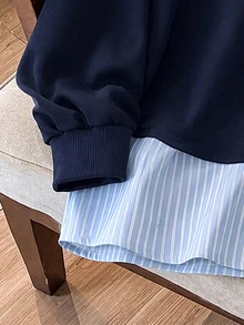 Lacomfia Women's 2 In 1 Shirt Collar Colorblock Blue & White Striped Preppy Versatile Plus Size Sweatshirt - Blue - View 7