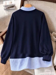 Lacomfia Women's 2 In 1 Shirt Collar Colorblock Blue & White Striped Preppy Versatile Plus Size Sweatshirt - Blue - View 2
