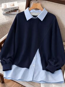 Lacomfia Women's 2 In 1 Shirt Collar Colorblock Blue & White Striped Preppy Versatile Plus Size Sweatshirt - Blue - View 3