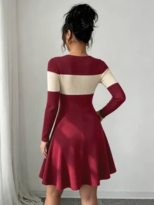 Elenzga 黑色杏色圓領長袖羅紋針織收腰修身顯瘦喇叭裙性感短洋裝女款 - 酒紅色 - 查看 7