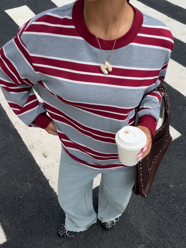 Muchica Red & Grey Striped Knit Women's Sweatshirt, Elegant Casual Fashion Commuter Sweatshirt For Autumn/Winter, Suitable For Outings & Gatherings, Women's Commuter Sweatshirt, Party, Graduation, Outing, Date, Commute, Valentine's Day, Elegant, Y2K - Multicolor - View 7