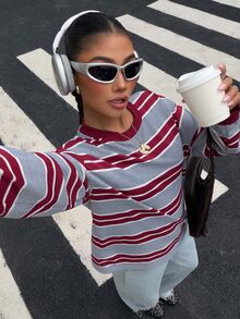Muchica 紅灰條紋針織女款運動衫，優雅休閒時尚通勤運動衫，適合秋冬，適用於外出與聚會，女款通勤運動衫，派對、畢業、外出、約會、通勤、情人節，優雅，Y2K - 彩色 - 查看 5