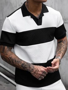 Manfinity CasualCool 男士條紋拼接配色短袖 Polo 衫，適合辦公室穿著 - 黑色 - 查看 5