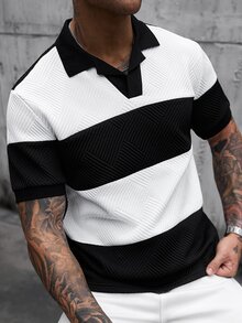 Manfinity CasualCool 男士條紋拼接配色短袖 Polo 衫，適合辦公室穿著 - 黑色 - 查看 3