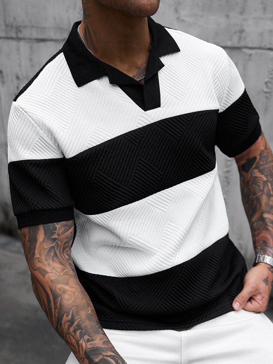 Manfinity CasualCool Men's Striped Colorblock Short Sleeve Polo Shirt For Office - Black - View 1