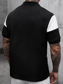Manfinity CasualCool 男士條紋拼接配色短袖 Polo 衫，適合辦公室穿著 - 黑色 - 查看 2