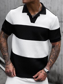 Manfinity CasualCool 男士條紋拼接配色短袖 Polo 衫，適合辦公室穿著 - 黑色 - 查看 1