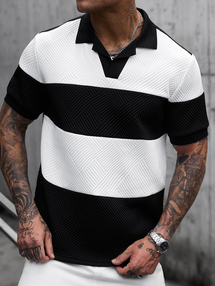 Manfinity CasualCool Men's Striped Colorblock Short Sleeve Polo Shirt For Office - Black - View 1