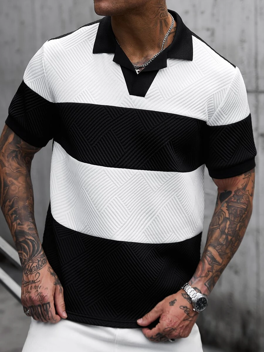 Manfinity CasualCool 男士條紋拼接配色短袖 Polo 衫，適合辦公室穿著 - 黑色 - 查看 1