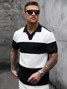 Manfinity CasualCool 男士條紋拼接配色短袖 Polo 衫，適合辦公室穿著 - 黑色 - 查看 6