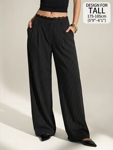 SHEIN Tall Tall Women's Black Striped Lace Patchwork Woven Work Pants - Black - View 9