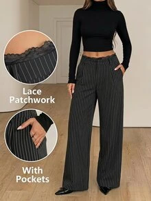 SHEIN Tall Tall Women's Black Striped Lace Patchwork Woven Work Pants - Black - View 4