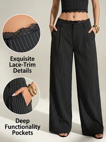 SHEIN Tall Tall Women's Black Striped Lace Patchwork Woven Work Pants - Black - View 1