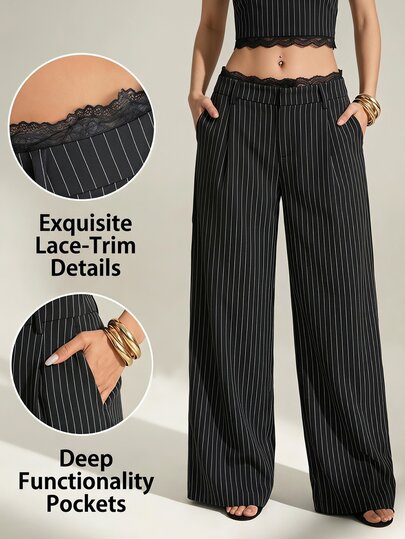 SHEIN Tall Tall Women's Black Striped Lace Patchwork Woven Work Pants