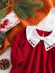 Babygirl Red Collegiate Style Peter Pan Collar Floral Print Loose Doll Autumn Winter Dress - Red - View 7