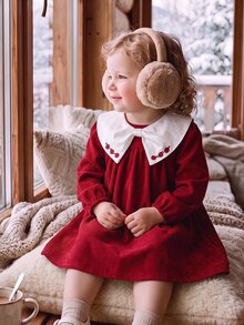 Babygirl Red Collegiate Style Peter Pan Collar Floral Print Loose Doll Autumn Winter Dress - Red - View 9