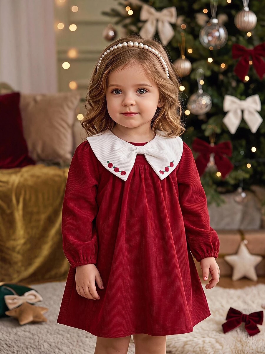Babygirl Red Collegiate Style Peter Pan Collar Floral Print Loose Doll Autumn Winter Dress - Red - View 1
