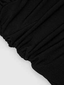 Sweetra Plus Size Women's Casual Solid Color Minimalist Square Neck Top, Bowknot Long Sleeve Shirt, Autumn/Winter Fall - Black - View 7