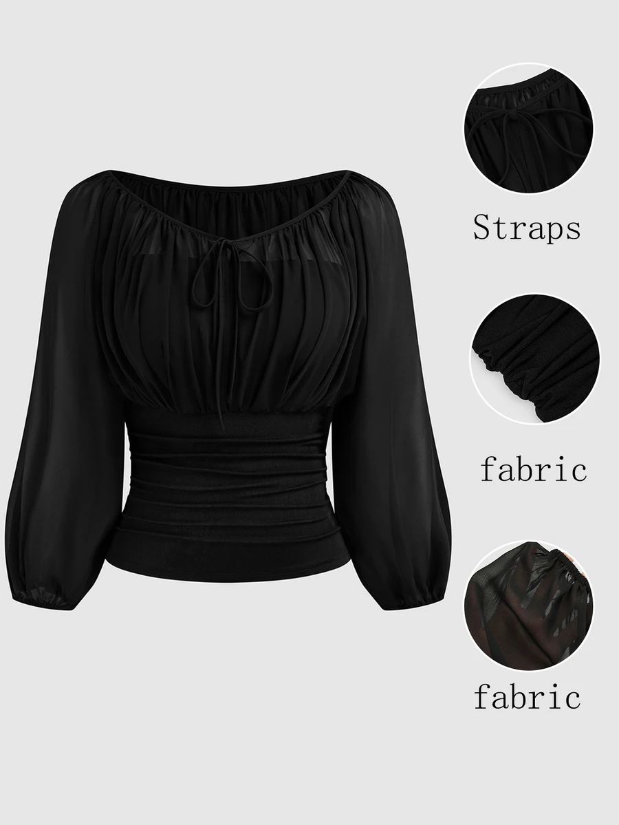 Sweetra Plus Size Women's Casual Solid Color Minimalist Square Neck Top, Bowknot Long Sleeve Shirt, Autumn/Winter Fall - Black - View 1