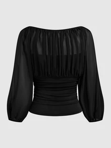 Sweetra Plus Size Women's Casual Solid Color Minimalist Square Neck Top, Bowknot Long Sleeve Shirt, Autumn/Winter Fall - Black - View 2