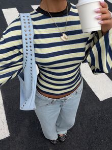 Muchica 秋季新款黃藍條紋修身長袖T恤，女款蝙蝠袖喇叭袖，優雅休閒時尚基本款上衣，適合春夏秋冬，適合外出聚會、通勤、派對、畢業、約會、情人節，優雅Y2K風格 - 彩色 - 查看 7