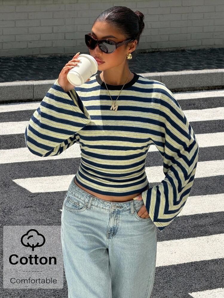 Muchica Autumn New Yellow And Blue Striped Slim Fit Long Sleeve T-Shirt, Women's Batwing Sleeve Bell Sleeve, Elegant Casual Fashion Basic Top Suitable For Spring, Summer, Autumn, Winter, Suitable For Outings And Gatherings, Women's Commute Top, Party, Graduation, Outing, Date, Commute, Valentine's Day, Elegant, Y2K - Multicolor - View 3
