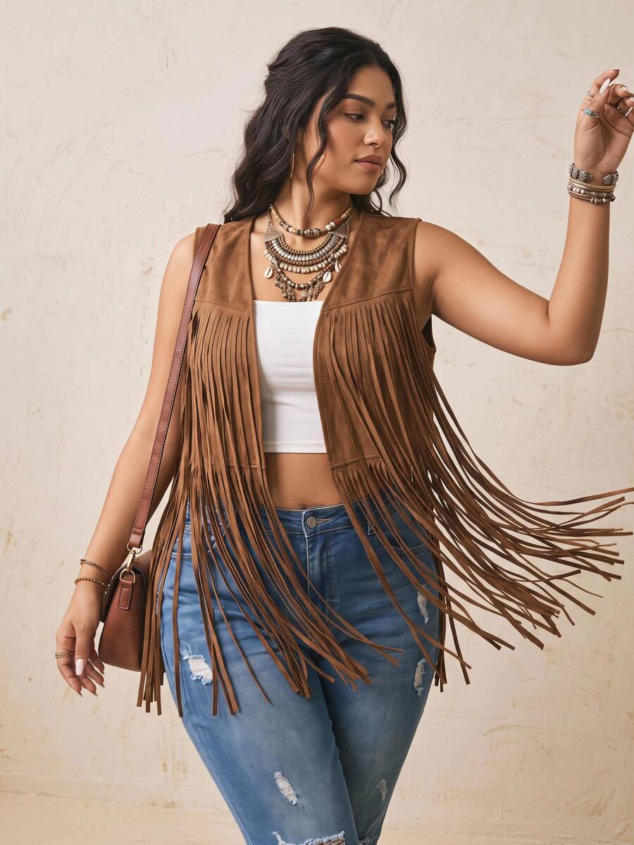 Nubod Cazadora sin mangas de unicolor para talla grande, de moda para el verano - Marrón - Ver 1