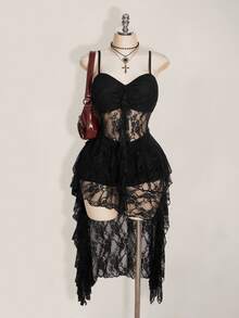 SHEIN ICON Plus Size Black V-Neck Ruffle Trim Short Front Long Back Slip Dress, Y2K Goth Sexy Spaghetti Strap Hem Wedding Date Night Cocktail Party Women Summer - Black - View 2